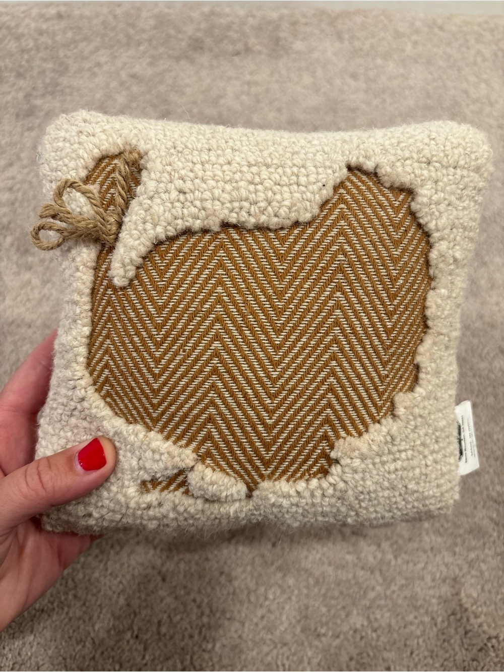 Mud Pie Turkey 🦃 Cream Bouclé Pillow with Tan Chevron Heart